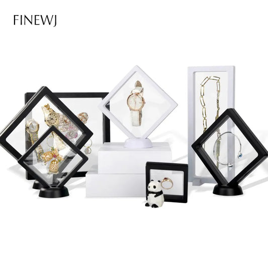 Reusable display frames for jewelry, gemstones, figures and coins in a floating look available in various sizes from 5cm side length to 23cm side length in white and black