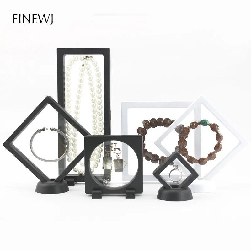 Reusable display frames for jewelry, gemstones, figures and coins in a floating look available in various sizes from 5cm side length to 23cm side length in white and black